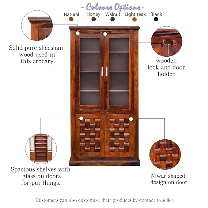 MoonWooden Sheesham Wood Crockery Cabinet with Glass Door | Wooden Book Shelf Cabinet with Storage Rack with Door for Home | Office Living Room (Honey)