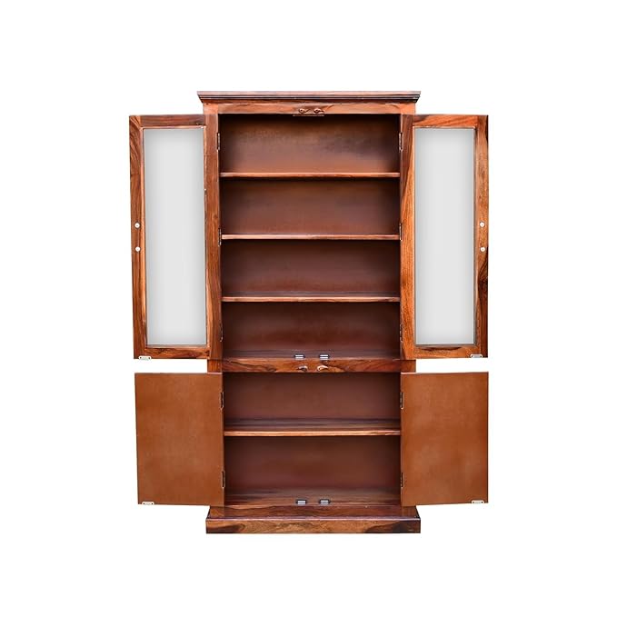 MoonWooden Sheesham Wood Crockery Cabinet with Glass Door | Wooden Book Shelf Cabinet with Storage Rack with Door for Home | Office Living Room (Honey)