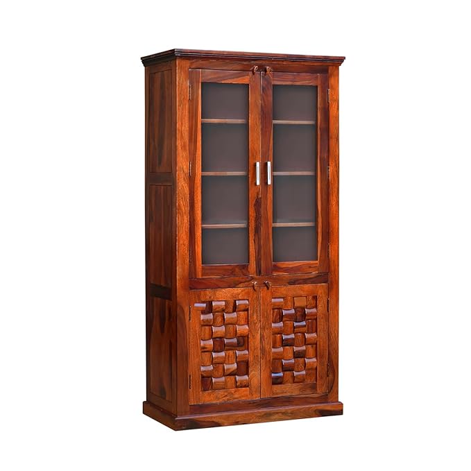 MoonWooden Sheesham Wood Crockery Cabinet with Glass Door | Wooden Book Shelf Cabinet with Storage Rack with Door for Home | Office Living Room (Honey)