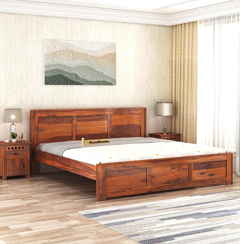 MooNWooden Sheesham Wood Double Bed Without Storage for Bedroom, Living Room | Lightweight | Noise Free | Zero Partner Disturbance | Lightweight (Model-1, King)