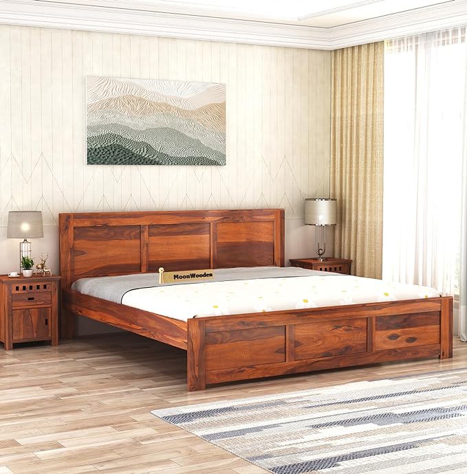 MoonWooden Sheesham Wood Queen Size Bed Without Storage | Queen Bed Furniture for Bedroom, Hotel & Home | Lightweight Wooden | Solid Wood Bed (Honey Finish)