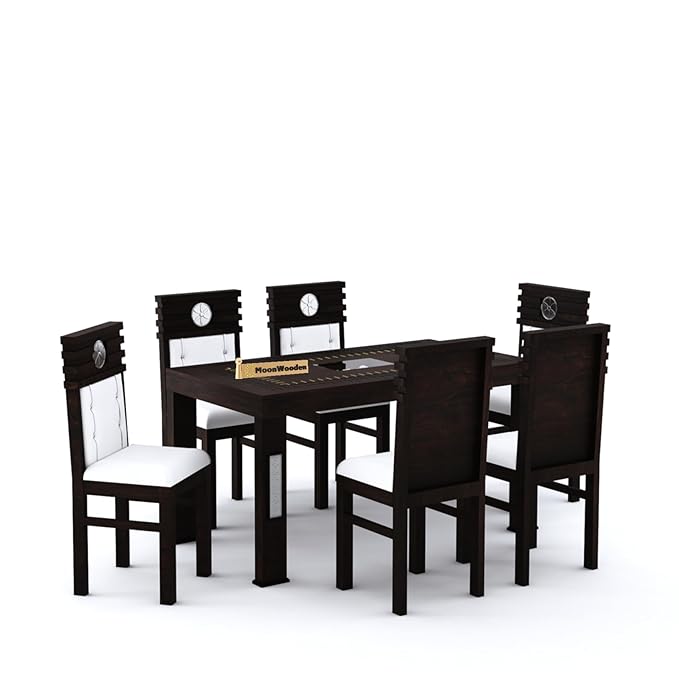 MoonWooden Sheesham Wood Dining Table 6 Seater with Cushioned Chair | Solid Wood | Dining Set for Home, Office & Hotel | Dining Room Sets for Restraunts(Finish- Walnut)