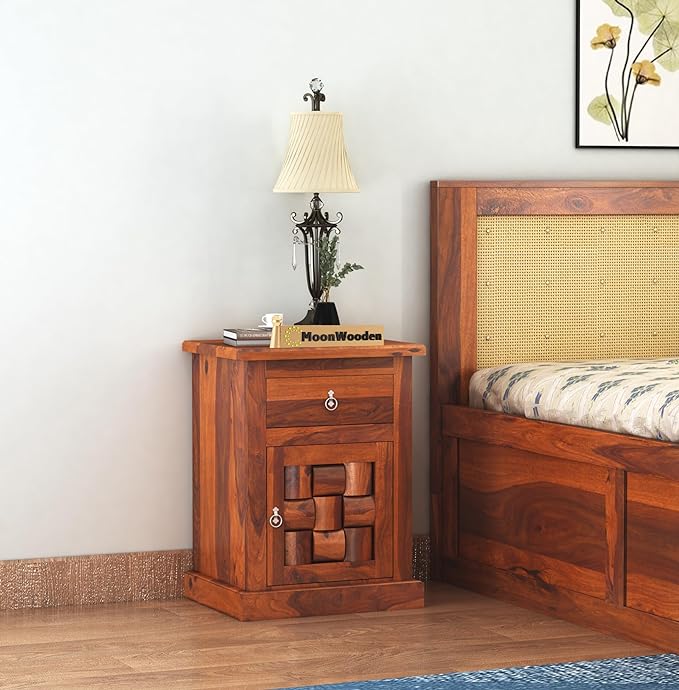 CHURUWOODCRAFT Wooden Bedside Table for Bedroom | Wooden Nightstand Lamp Table with 2 Drawer Storage | Sheesham Wood, (Honey Oak)