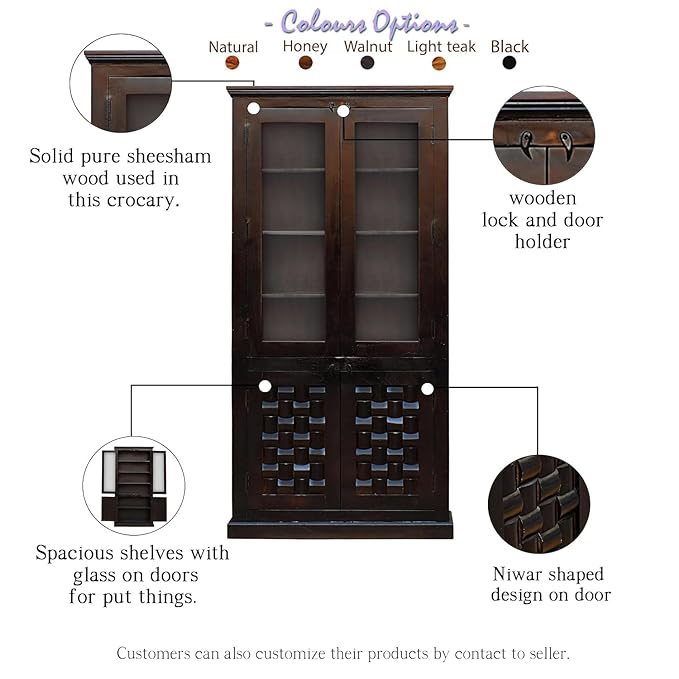 MoonWooden Sheesham Wood Crockery Cabinet with Glass Door | Wooden Book Shelf Cabinet with Storage Rack with Door for Home | Office Living Room (Walnut)