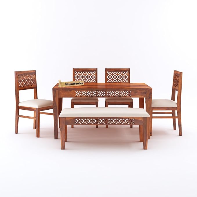 MoonWooden Sheesham Wood Dining Table 6 Seater | 6 Seater Dining Table with 4 Chairs & 1 Bench for Home & Restaurant | Dining Room Set Furniture | Honey & Beige