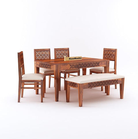 MoonWooden Sheesham Wood Dining Table 6 Seater | 6 Seater Dining Table with 4 Chairs & 1 Bench for Home & Restaurant | Dining Room Set Furniture | Honey & Beige