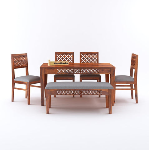 MoonWooden Sheesham Wood Dining Table 6 Seater | 6 Seater Dining Table with 4 Chairs & 1 Bench for Home & Restaurant | Dining Room Set Furniture