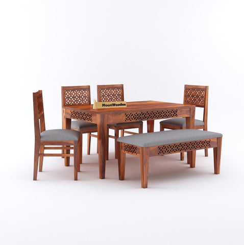 MoonWooden Sheesham Wood Dining Table 6 Seater | 6 Seater Dining Table with 4 Chairs & 1 Bench for Home & Restaurant | Dining Room Set Furniture