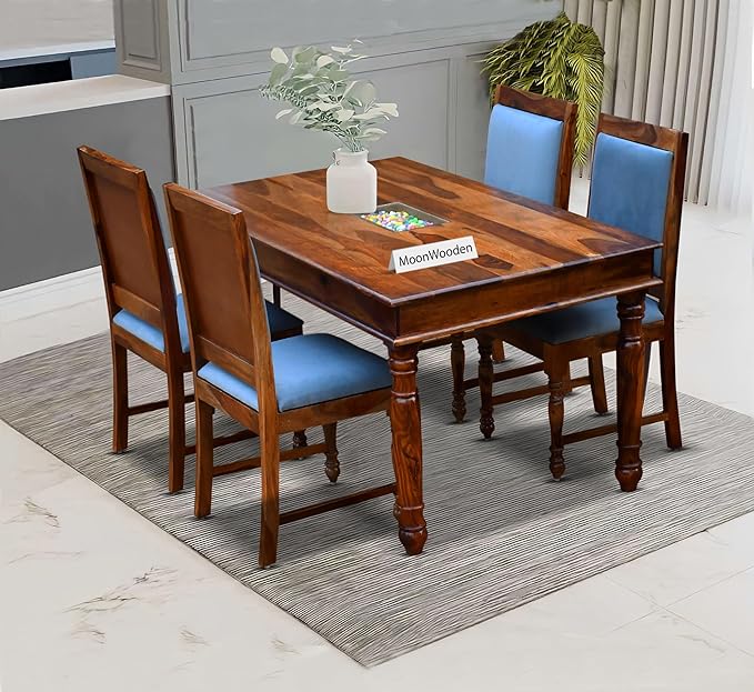 MoonWooden Sheesham Wooden 4 Seater Dining Table with Cushioned Chair|Solid Wood 4 Seater Dinning Table for Home, Office & Hotel | Dining Room Sets for Restraunts (4 Seater, Honey4s)