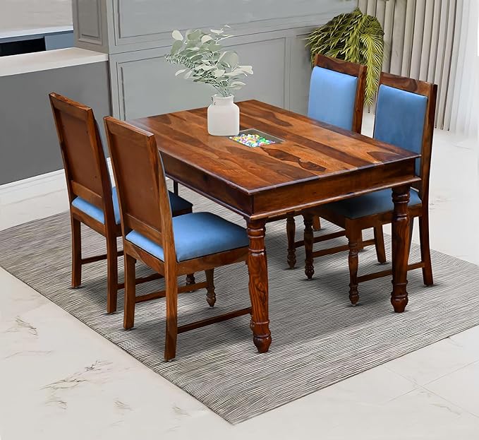 MoonWooden Sheesham Wooden 4 Seater Dining Table with Cushioned Chair|Solid Wood 4 Seater Dinning Table for Home, Office & Hotel | Dining Room Sets for Restraunts (4 Seater, Honey4s)