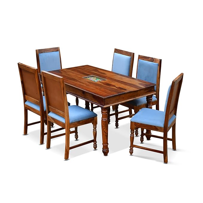 MoonWooden Sheesham Wooden 6 Seater Dining Table with Cushioned Chair|Solid Wood 6 Seater Dinning Table for Home, Office & Hotel | Dining Room Sets for Restraunts (6 Seater, Honey6s)