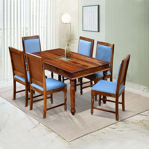 MoonWooden Sheesham Wooden 6 Seater Dining Table with Cushioned Chair|Solid Wood 6 Seater Dinning Table for Home, Office & Hotel | Dining Room Sets for Restraunts (6 Seater, Honey6s)