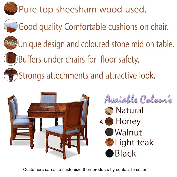 MoonWooden Sheesham Wooden 6 Seater Dining Table with Cushioned Chair|Solid Wood 6 Seater Dinning Table for Home, Office & Hotel | Dining Room Sets for Restraunts (6 Seater, Honey6s)