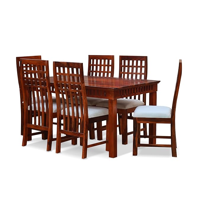 MoonWooden Sheesham Wood Dining Set 6 Seater with Cushioned Chair | Solid Wood | Dinning Set for Home & Hotel | Dining Room Sets for Restraunts | Premium Polish- Natural Brown