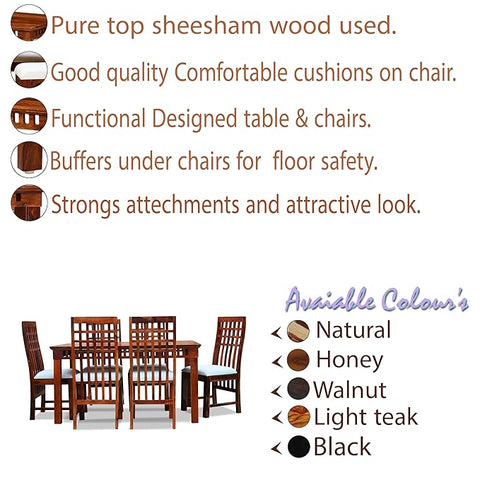 MoonWooden Sheesham Wood Dining Set 6 Seater with Cushioned Chair | Solid Wood | Dinning Set for Home & Hotel | Dining Room Sets for Restraunts | Premium Polish- Natural Brown