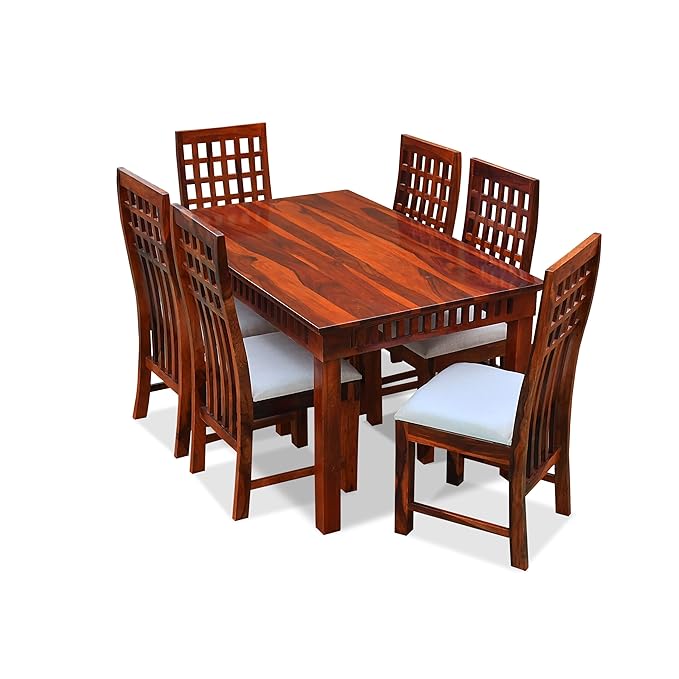 MoonWooden Sheesham Wood Dining Set 6 Seater with Cushioned Chair | Solid Wood | Dinning Set for Home & Hotel | Dining Room Sets for Restraunts | Premium Polish- Natural Brown