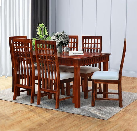 MoonWooden Sheesham Wood Dining Set 6 Seater with Cushioned Chair | Solid Wood | Dinning Set for Home & Hotel | Dining Room Sets for Restraunts | Premium Polish- Natural Brown