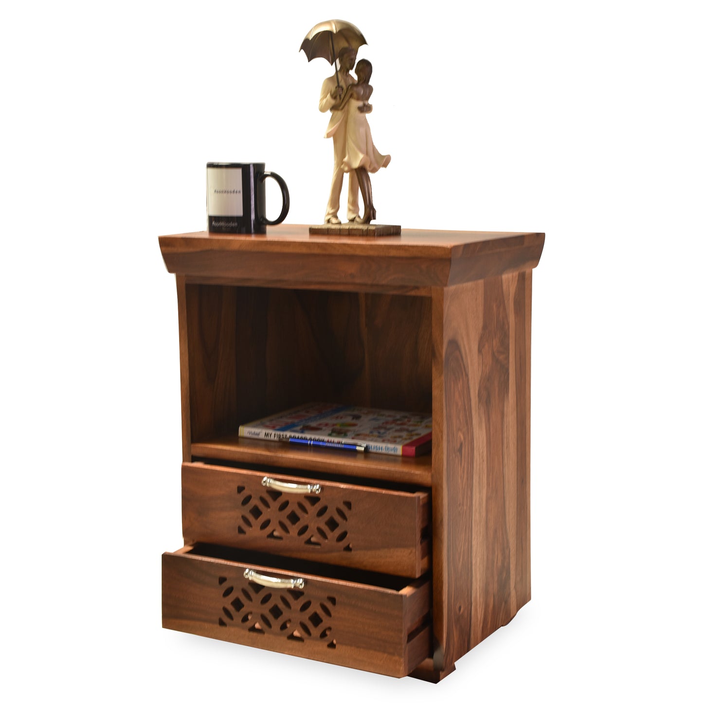 MoonWooden Wooden Bedside Table for Bedroom | Wooden Nightstand Lamp Table with 2 Drawer Storage | Sheesham Wood, Dark Honey
