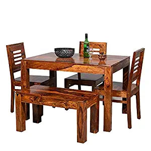 MoonWooden Solid Sheesham Wood 4 Seater Dining Table | Space Saving Dinning Table Set With 3 Chairs & 1 Bench For Home & Office | Wooden Kitchen Dinner Table | Rosewood, Honey Brown
