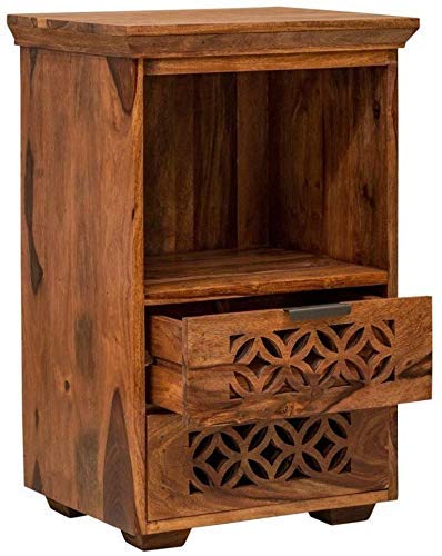 MoonWooden Wooden Bedside Table for Bedroom | Wooden Nightstand Lamp Table with 2 Drawer Storage | Sheesham Wood, Dark Honey