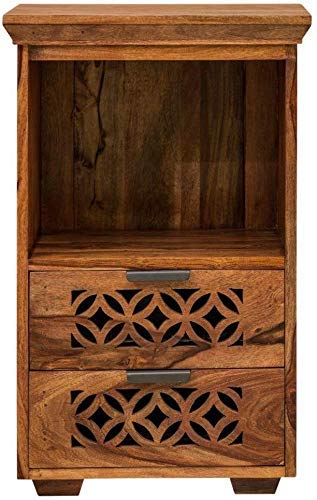 MoonWooden Wooden Bedside Table for Bedroom | Wooden Nightstand Lamp Table with 2 Drawer Storage | Sheesham Wood, Dark Honey