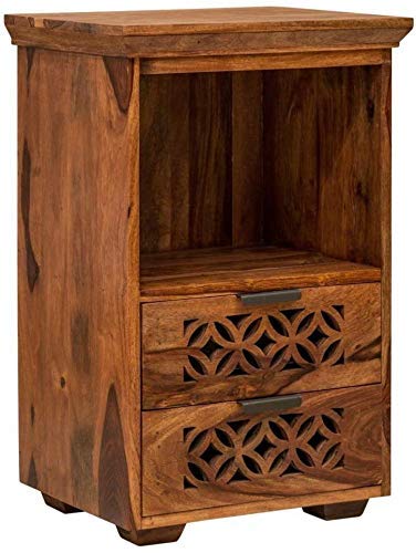 MoonWooden Wooden Bedside Table for Bedroom | Wooden Nightstand Lamp Table with 2 Drawer Storage | Sheesham Wood, Dark Honey