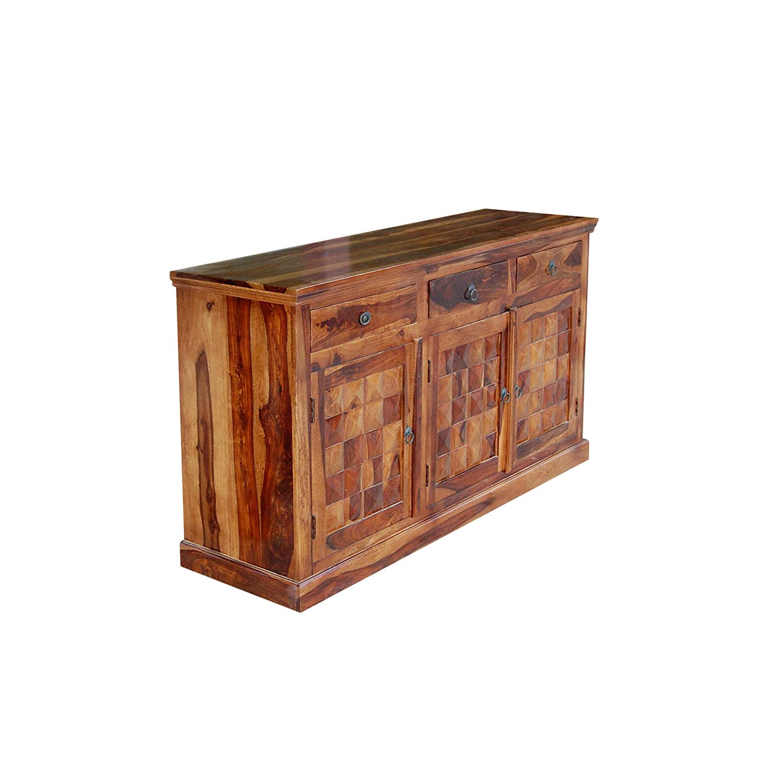 MoonWooden Brown Spinney Diamond 3 Drawer Sideboard in Natural Solid Wood with Honey Oak Glossy Finished