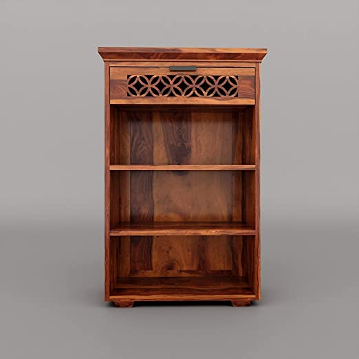 MoonWooden Sheesham Wood Bookcase Book Shelves Cabinet with 3 Racks & Drawer (Honey Finish)