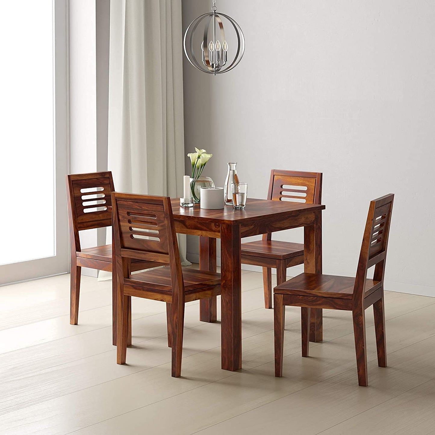 MoonWooden Solid Wood Dining Table with 4 Chair | for Home | Dining Room Furniture | Natural Colour Finish
