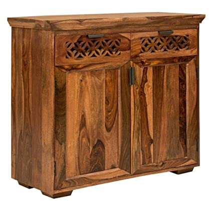 MoonWooden Solid Sheesham Wood Sideboard Tv Cabinet for Living Room | Free Standing Movable Tv Unit Side Board Table with 2 Drawer & 2 Door Cabinet Storage Furniture for Home | Teak Finish