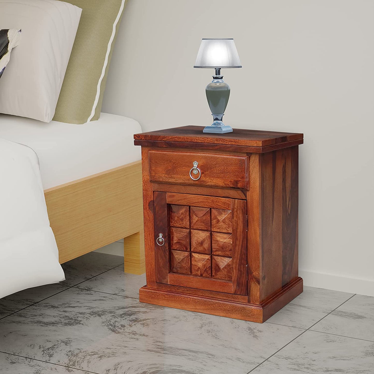 MoonWooden Wooden Bedside Table for Bedroom | Wooden Nightstand Lamp Table with 1 Drawer Storage | Sheesham Wood, Dark Honey